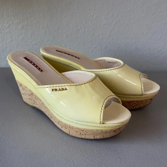 Prada Yellow Patent Leather Heel Wedges EU 37