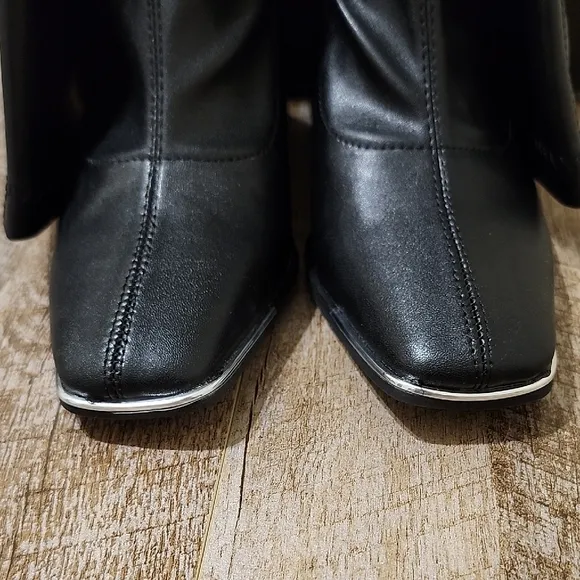 PrettyLittleThing Silver and Black Heeled Boots with Smooth Vamp