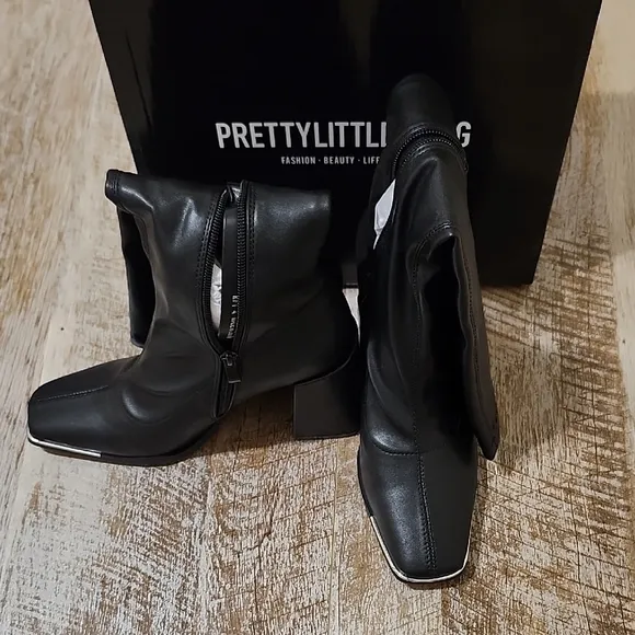 PrettyLittleThing Silver and Black Heeled Boots with Smooth Vamp