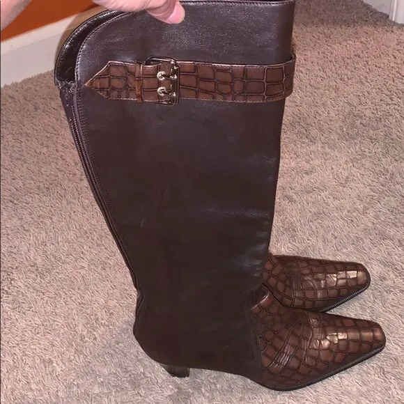 Prevata Brown Diana Leather Croc Heeled Boots