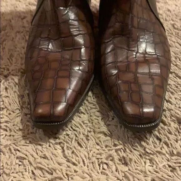 Prevata Brown Diana Leather Croc Heeled Boots