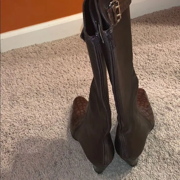 Prevata Brown Diana Leather Croc Heeled Boots
