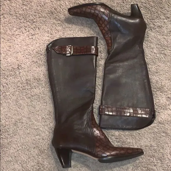 Prevata Brown Diana Leather Croc Heeled Boots