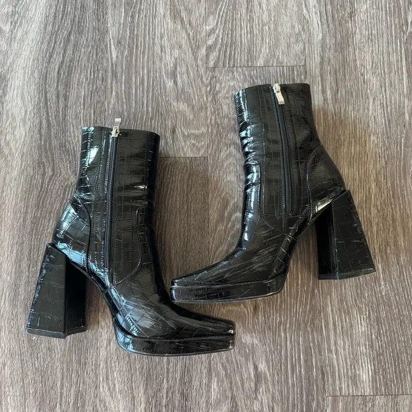 Princess Polly Black Shiny Croc Heeled Boots