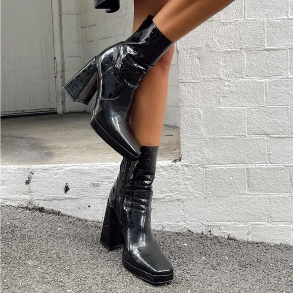 Princess Polly Black Shiny Croc Heeled Boots