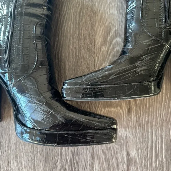 Princess Polly Black Shiny Croc Heeled Boots