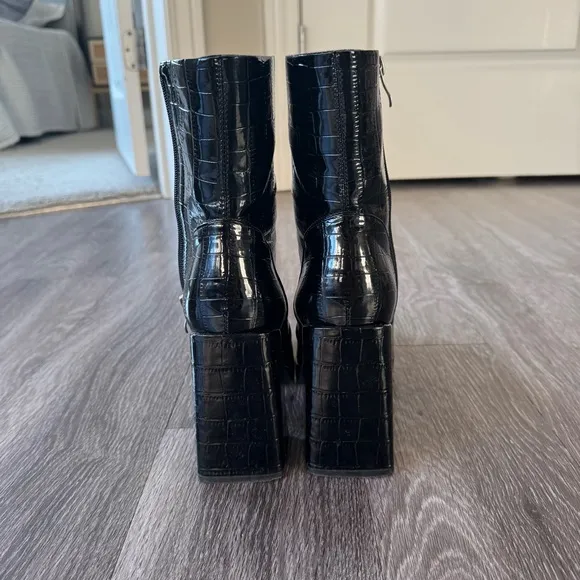Princess Polly Black Shiny Croc Heeled Boots