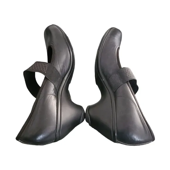 Privo Clarks Broom Mary Jane Wedge Heels 9.5 Black Leather Comfort Shoes