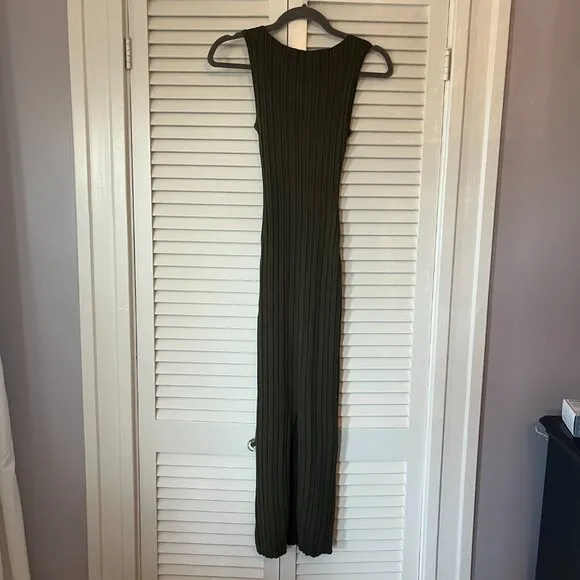 Quince Cotton Cashmere Ribbed Sleeveless Midi Dress XS olive green