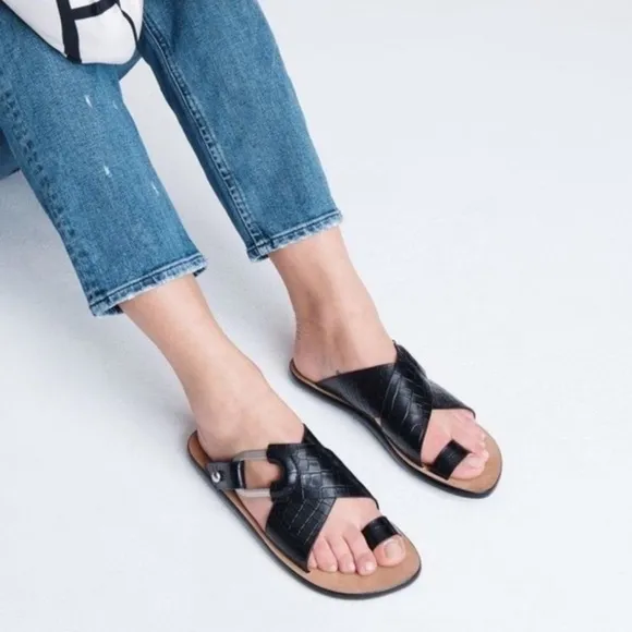 Rag &amp; Bone August Croc Embossed Leather Slide Sandals In Black Size 38