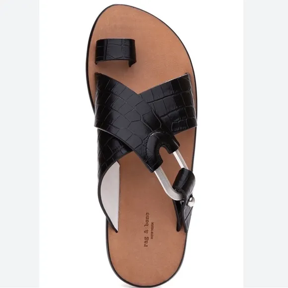 Rag &amp; Bone August Croc Embossed Leather Slide Sandals In Black Size 38