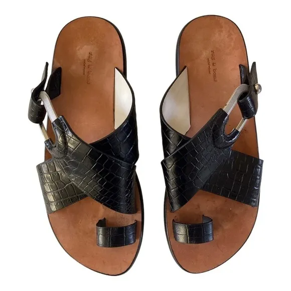 Rag &amp; Bone August Croc Embossed Leather Slide Sandals In Black Size 38