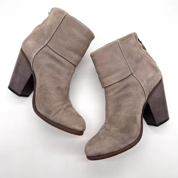 RAG &amp; BONE Boots Womens 38 Taupe Suede Nubuck Newbury Stacked Heel Ankle Bootie