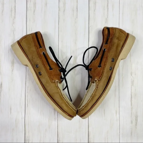 Rag &amp; Bone Preston Brown Leather Cream Canvas Boat Shoes