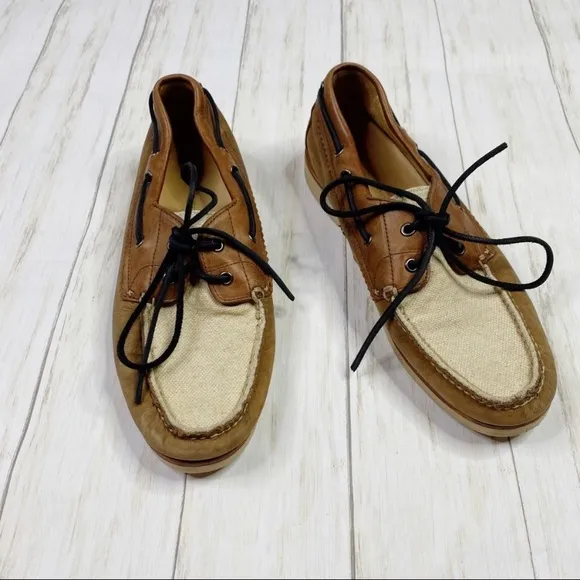 Rag &amp; Bone Preston Brown Leather Cream Canvas Boat Shoes
