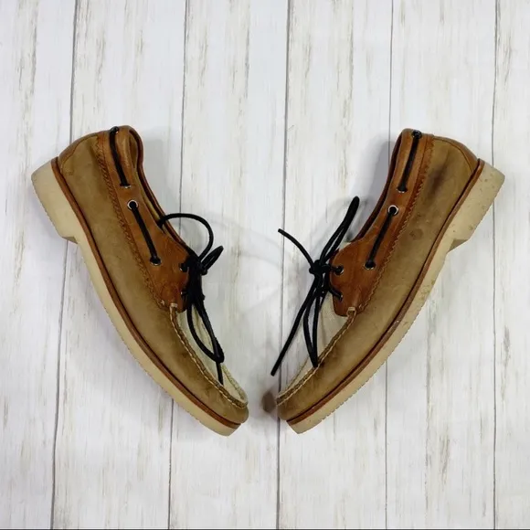 Rag &amp; Bone Preston Brown Leather Cream Canvas Boat Shoes