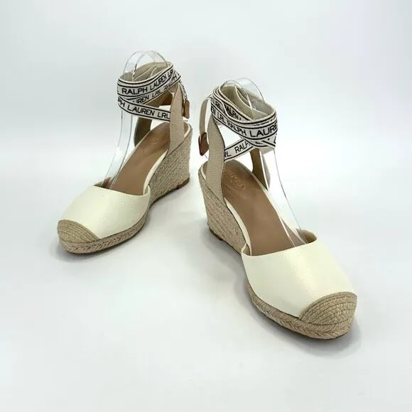 RALPH LAUREN &quot;PAISLEE&quot; OFF WHITE LEATHER CLOSED-TOE ESPADRILLE PLATFORM SANDAL🆕