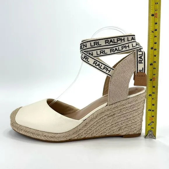 RALPH LAUREN &quot;PAISLEE&quot; OFF WHITE LEATHER CLOSED-TOE ESPADRILLE PLATFORM SANDAL🆕