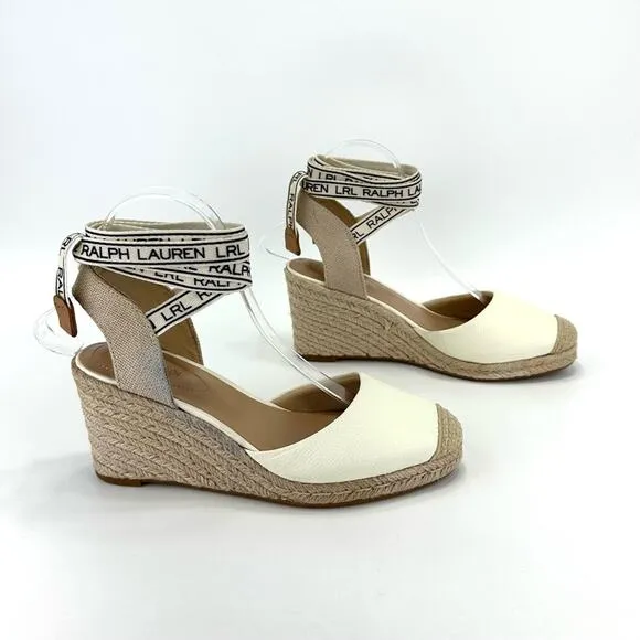 RALPH LAUREN &quot;PAISLEE&quot; OFF WHITE LEATHER CLOSED-TOE ESPADRILLE PLATFORM SANDAL🆕
