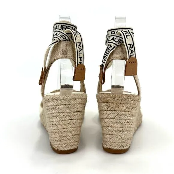 RALPH LAUREN &quot;PAISLEE&quot; OFF WHITE LEATHER CLOSED-TOE ESPADRILLE PLATFORM SANDAL🆕