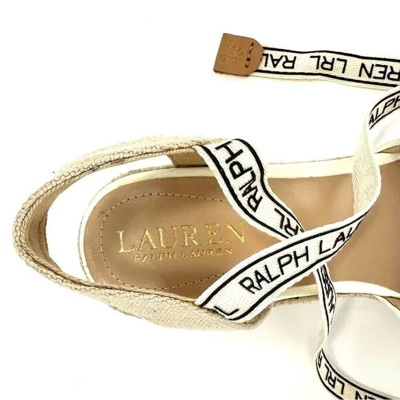 RALPH LAUREN &quot;PAISLEE&quot; OFF WHITE LEATHER CLOSED-TOE ESPADRILLE PLATFORM SANDAL🆕