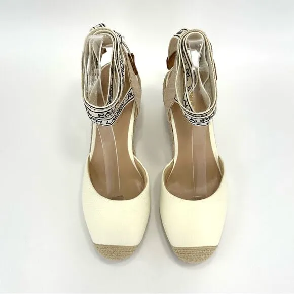 RALPH LAUREN &quot;PAISLEE&quot; OFF WHITE LEATHER CLOSED-TOE ESPADRILLE PLATFORM SANDAL🆕
