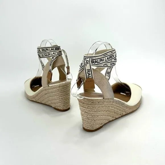RALPH LAUREN &quot;PAISLEE&quot; OFF WHITE LEATHER CLOSED-TOE ESPADRILLE PLATFORM SANDAL🆕