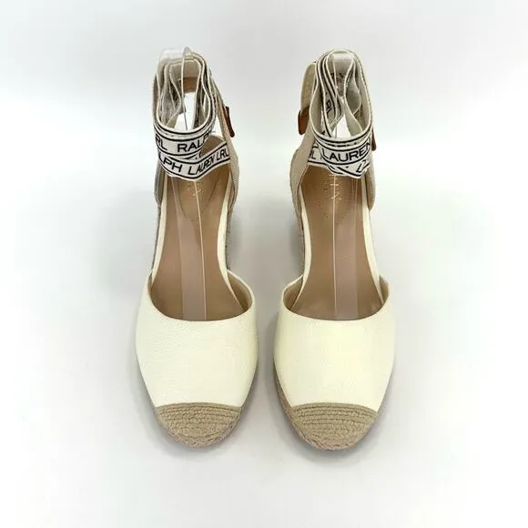 RALPH LAUREN &quot;PAISLEE&quot; OFF WHITE LEATHER CLOSED-TOE ESPADRILLE PLATFORM SANDAL🆕