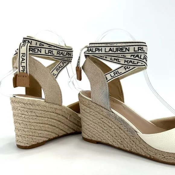RALPH LAUREN &quot;PAISLEE&quot; OFF WHITE LEATHER CLOSED-TOE ESPADRILLE PLATFORM SANDAL🆕