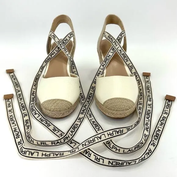 RALPH LAUREN &quot;PAISLEE&quot; OFF WHITE LEATHER CLOSED-TOE ESPADRILLE PLATFORM SANDAL🆕