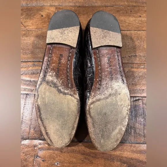 Ralph Lauren Brown Croc Embossed Leather Flats size 5 1/2 B-Box &amp; felt s…