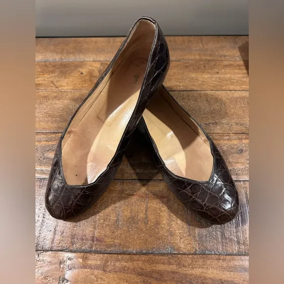 Ralph Lauren Brown Croc Embossed Leather Flats size 5 1/2 B-Box &amp; felt s…