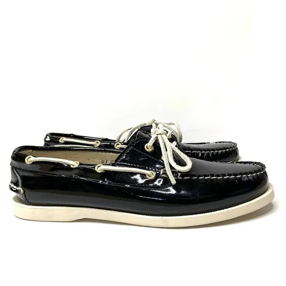 RALPH LAUREN COLLECTION Black Patent Leather Boat Shoe