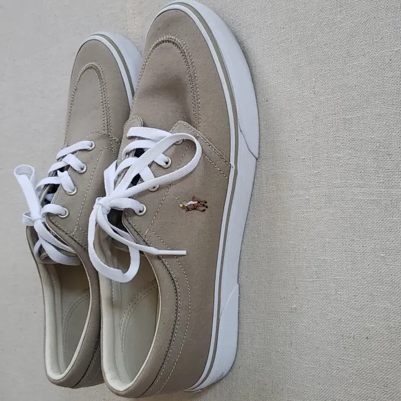 Ralph Lauren Polo Shoe Mens sz 11  Faxon X Khaki Canvas Sneakers Colored Ponies