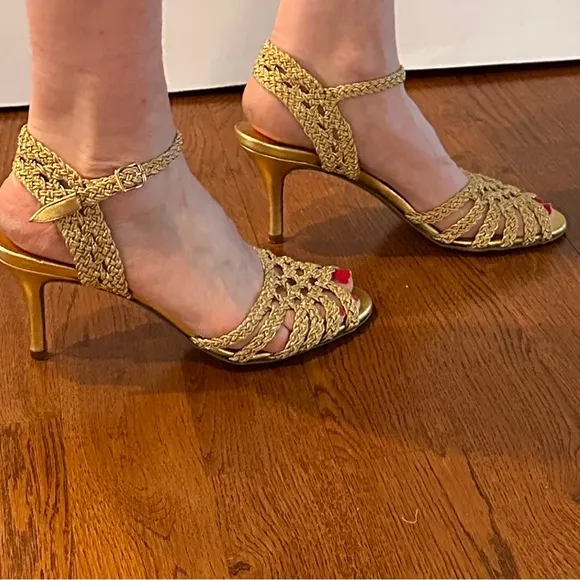 Ralph Lauren Tan Heels with Woven Design and Slim Heel