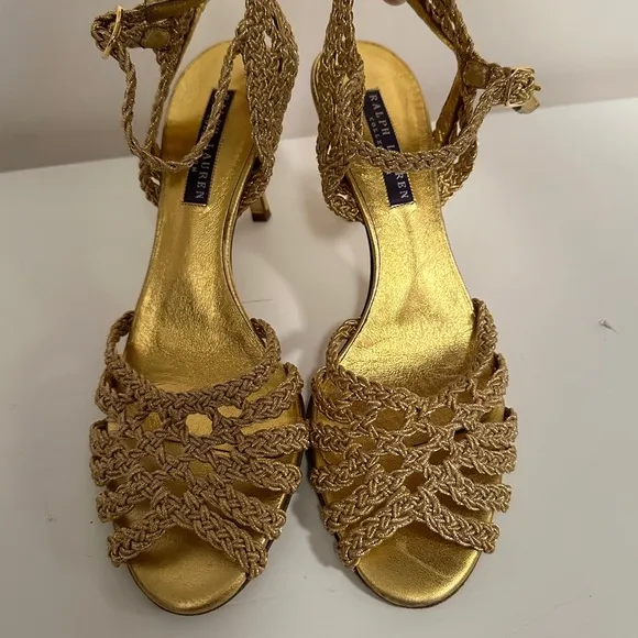 Ralph Lauren Tan Heels with Woven Design and Slim Heel
