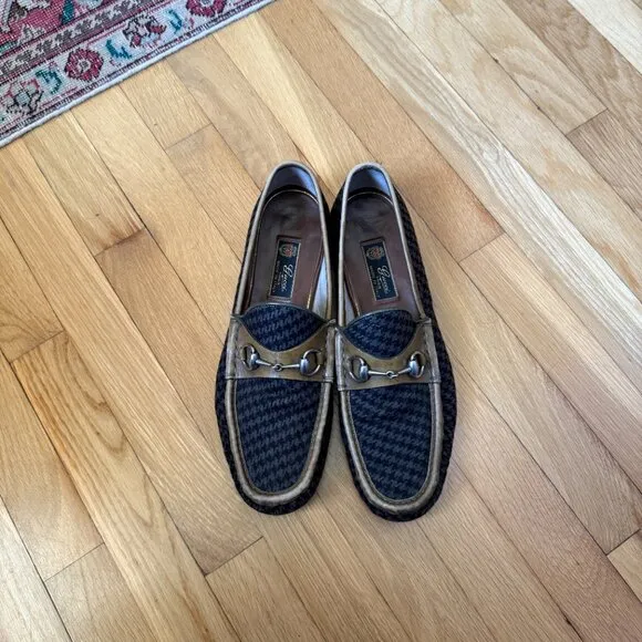 Rare Men's GUCCI 1953 Olive Green and Houndstooth Horsebit Loafers Shoes Size 11