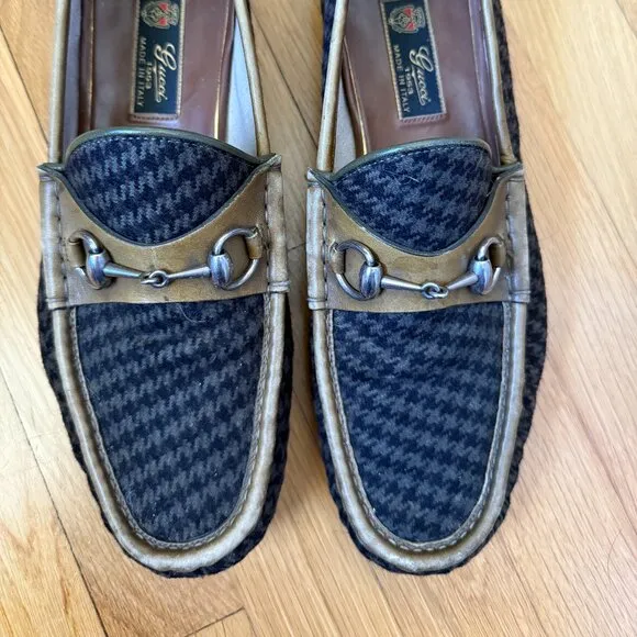 Rare Men's GUCCI 1953 Olive Green and Houndstooth Horsebit Loafers Shoes Size 11