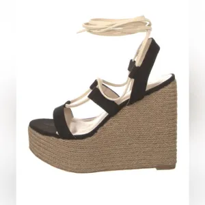 Raye Black and Beige Espadrille Platform Wedges