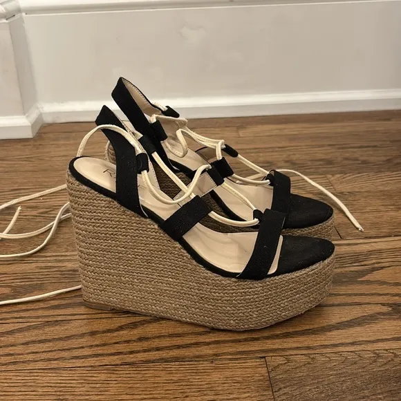 Raye Black and Beige Espadrille Platform Wedges