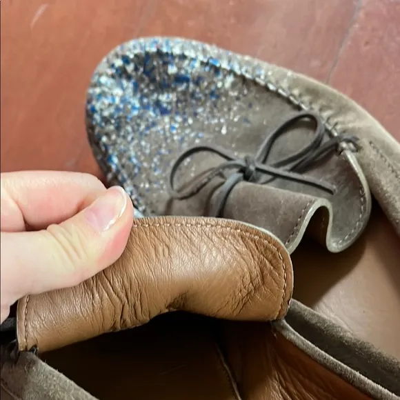 Real Suede Paint Splattered Moccasins with Traditional Stitching