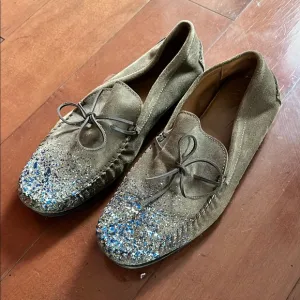 Real Suede Paint Splattered Moccasins with Traditional Stitching
