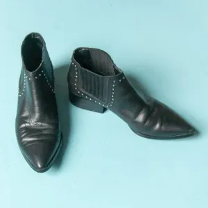 Rebecca Minkoff Black Leather Pointed Toe Silver Studded Ankle Boots Size 7.5