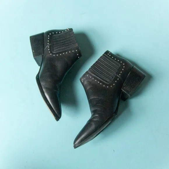 Rebecca Minkoff Black Leather Pointed Toe Silver Studded Ankle Boots Size 7.5