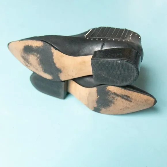 Rebecca Minkoff Black Leather Pointed Toe Silver Studded Ankle Boots Size 7.5