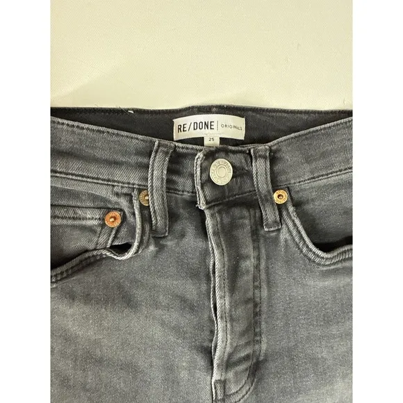 RE/DONE Originals High Rise Ankle Crop Jeans Faded Black 25 Raw Hem Button Fly