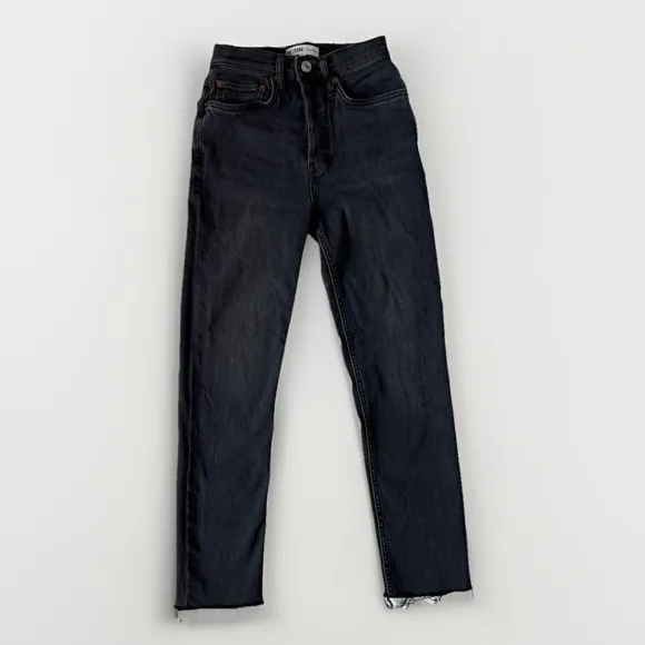 RE/DONE Originals High Rise Ankle Crop Jeans Faded Black 25 Raw Hem Button Fly