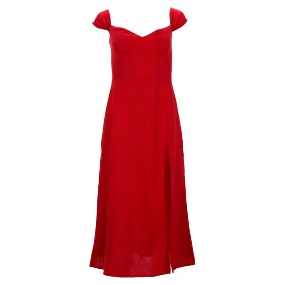 Reformation Bridgton Off-Shoulder Midi Dress in Red Linen