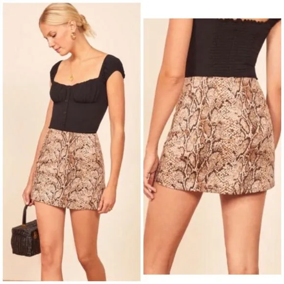 Reformation Jaime Snake Skin Print Mini Skirt in Brown