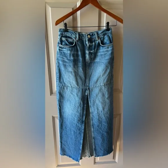 Reformation Women's Tazz Blue Denim Maxi Skirt Front Vent NWT 25 #1338
